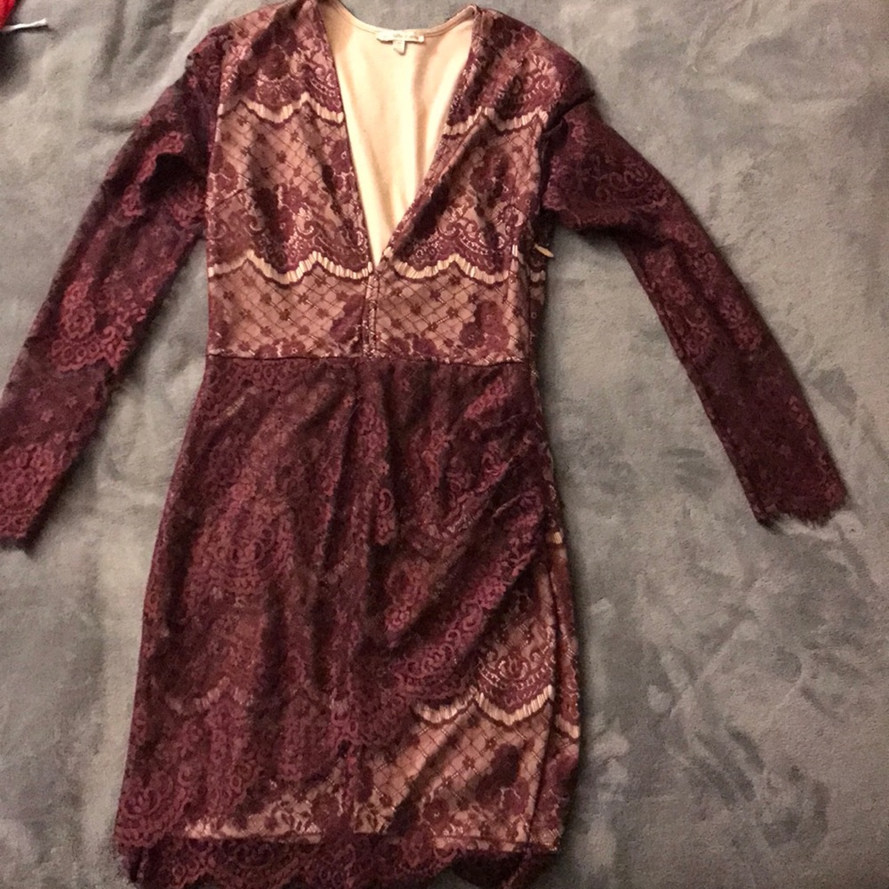 Purple and tan lace dress.